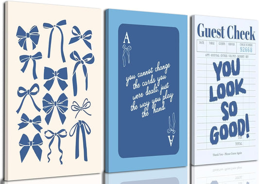 Blue Preppy Wall Art Framed Set of 3 Trendy Navy Bow Posters Retro Guest Check Canvas Prints Poker Painting Minimalist Positive Quote Picture Room Decor Aesthetic for Living Room Dorm Apartment12x16in