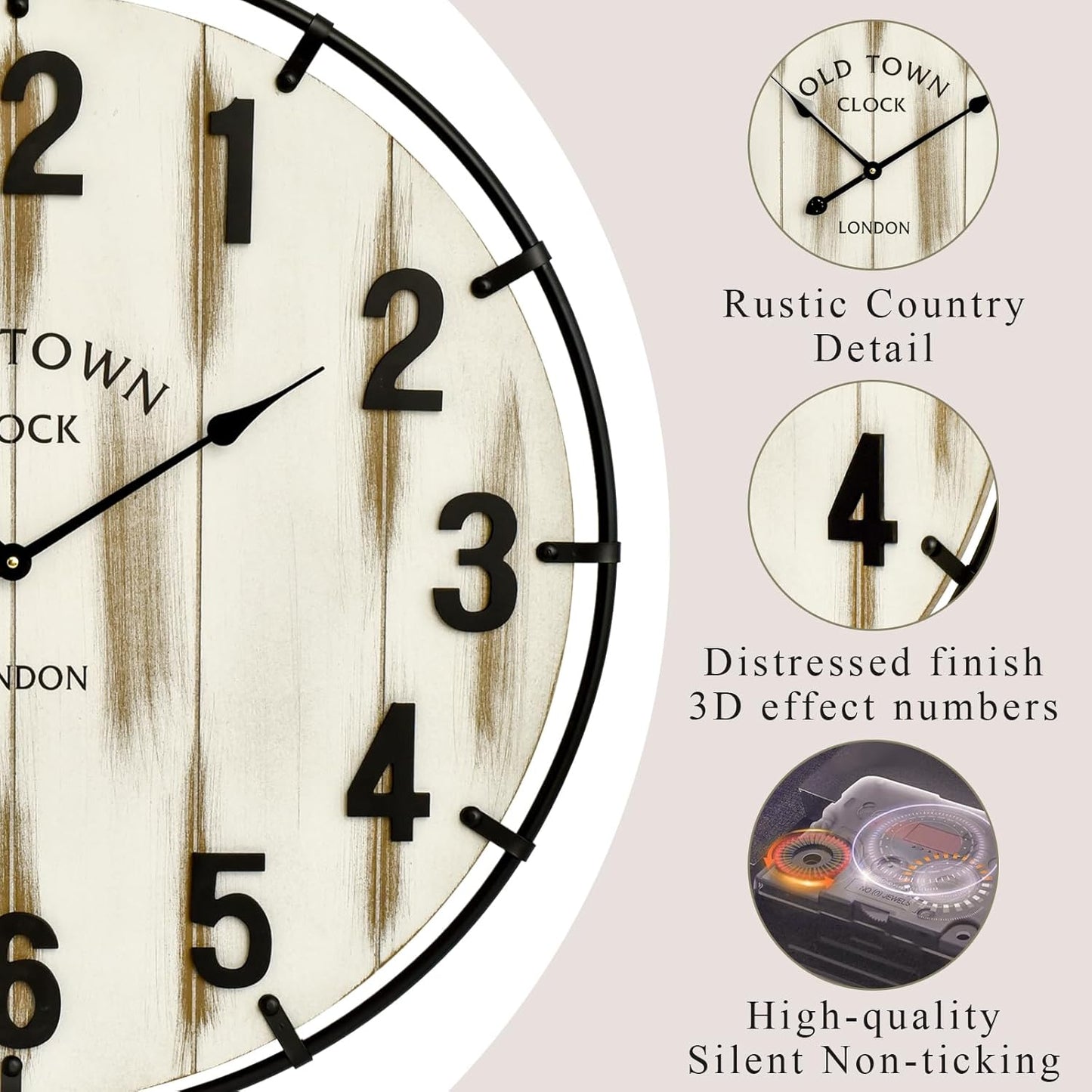 Farmhouse White 24 Inch Wooden Large Wall Clock, Silent Non-Ticking Quartz Movement, Battery Operated Modern Rustic Clock for Living Room, Kitchen, Office, Home Decor