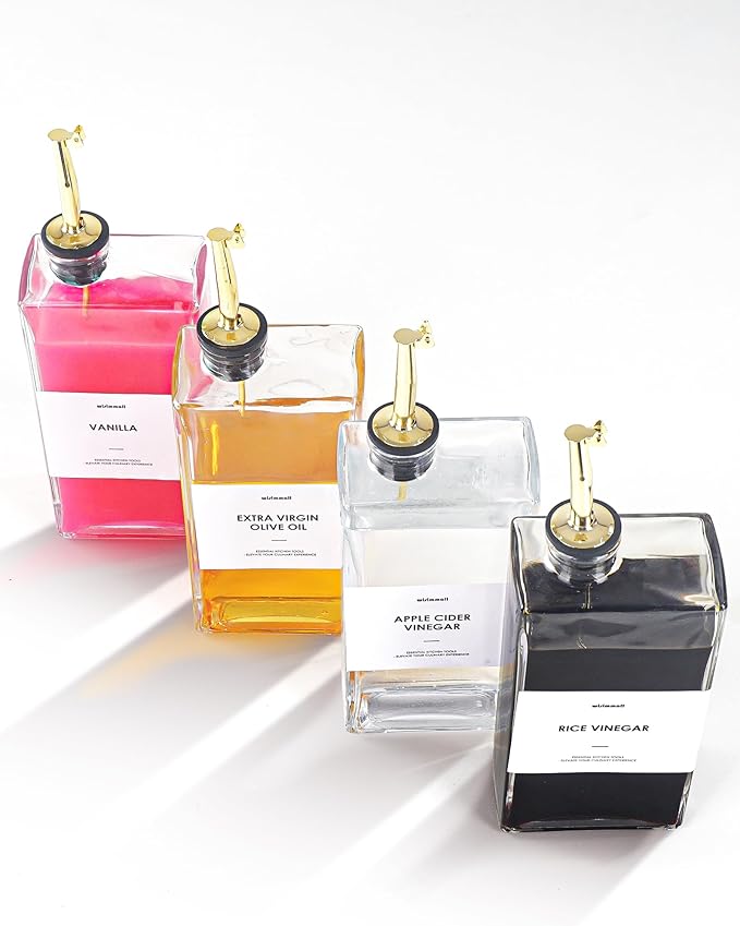 Olive Oil Dispenser For Kitchen, Glass Oil Bottle 500ML Oil And Vinegar Dispenser Set Of 2, Cooking Oil Dispenser With 2 Stainless Steel Pourers & 44 Labels, Soy Sauce Dispenser, Coffee Syrup Bottles