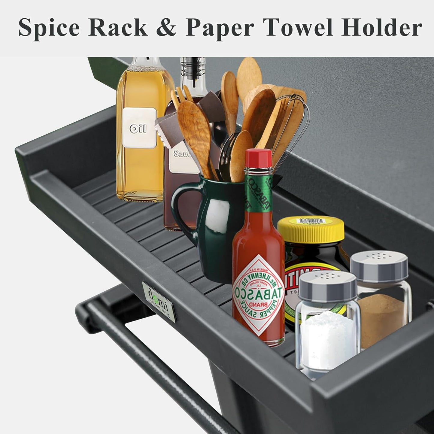 Domi Grill Carts Outdoor with Storage and Wheels, Whole Metal Portable Table and Storage Cabinet for BBQ,Deck,Patio,Backyard(Dark Grey)