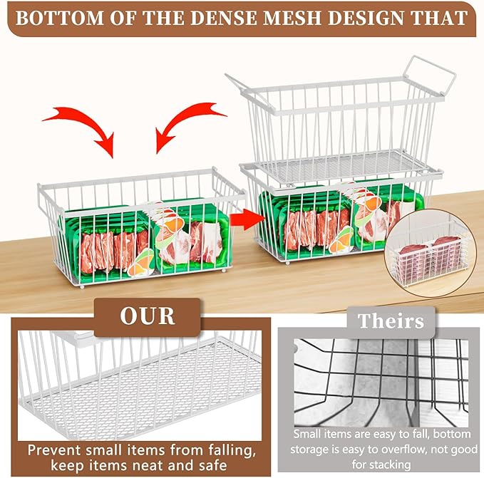 3 Pack Stackable Deep Freezer Organizer Bins ，Upgraded Bottom Leak-Proof net，Encryption and Hardening ， Freezer Organizer Bins for 5 to 9 Cu.FT Small Chest Freezer， Easy Get Bottom Foods