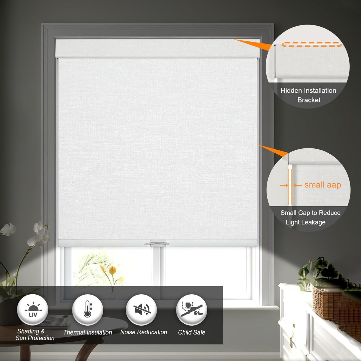Persilux Blackout Roller Shades & Blinds Windows Shades Free-Stop Blackout Blinds with Jacquard Fabric,Cordless Blinds Pull Down Shades for Home, Easy to Install for Door/Office, White(48.5"W x 96"H)