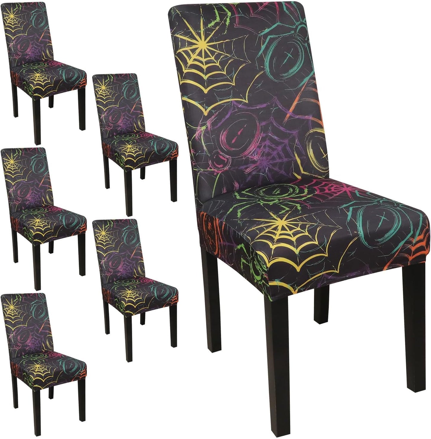 JQinHome Spider Halloween Chair Slipcover,Web Black Chair Covers Set of 6, High Stretch Washable Chair Protector Cover for Dining Room, Kitchen,Home Party,Wedding Ceremony(Spider,6PC)