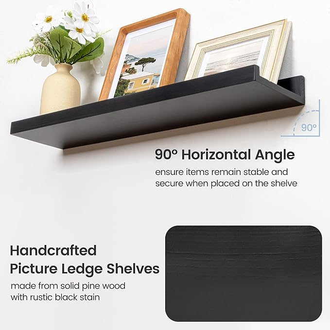 Picture Ledge Shelf for Wall, 48 inch Solid Pine Wood Nursery Book Shelves 2 Packs, Floating Ledge Shelves for Kids' Room Bedroom Bathroom Living Room Photo Frames Office Nursey Wall Decor, Black