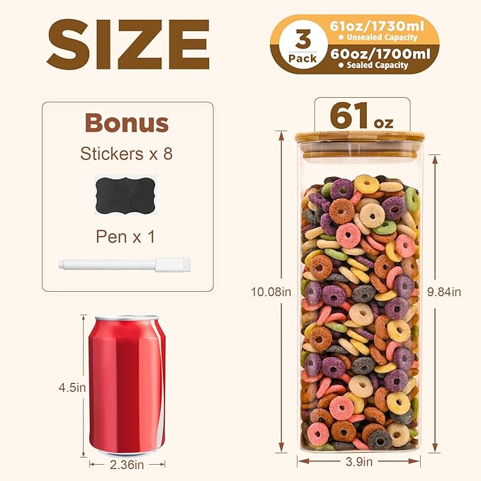 Glass Food Storage Jars Square 61oz, 3 Pack Glass Jars With Bamboo Lids, Kitchen Storage Containers For Spice, Candy, Cookie, Storage For Pantry Organizers