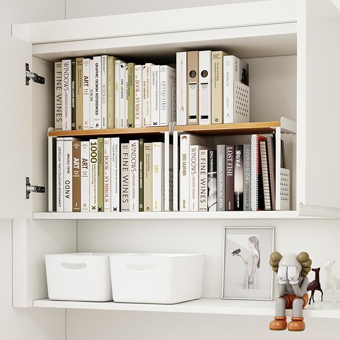 Mitus Shelf Organizer and Storage, Tiered Wood Cabinet Rack for The Kitchen Counter, Bathroom Counter, Pantry Cupboard, Office Desk Bookshelf, 16" Wide Natural and White