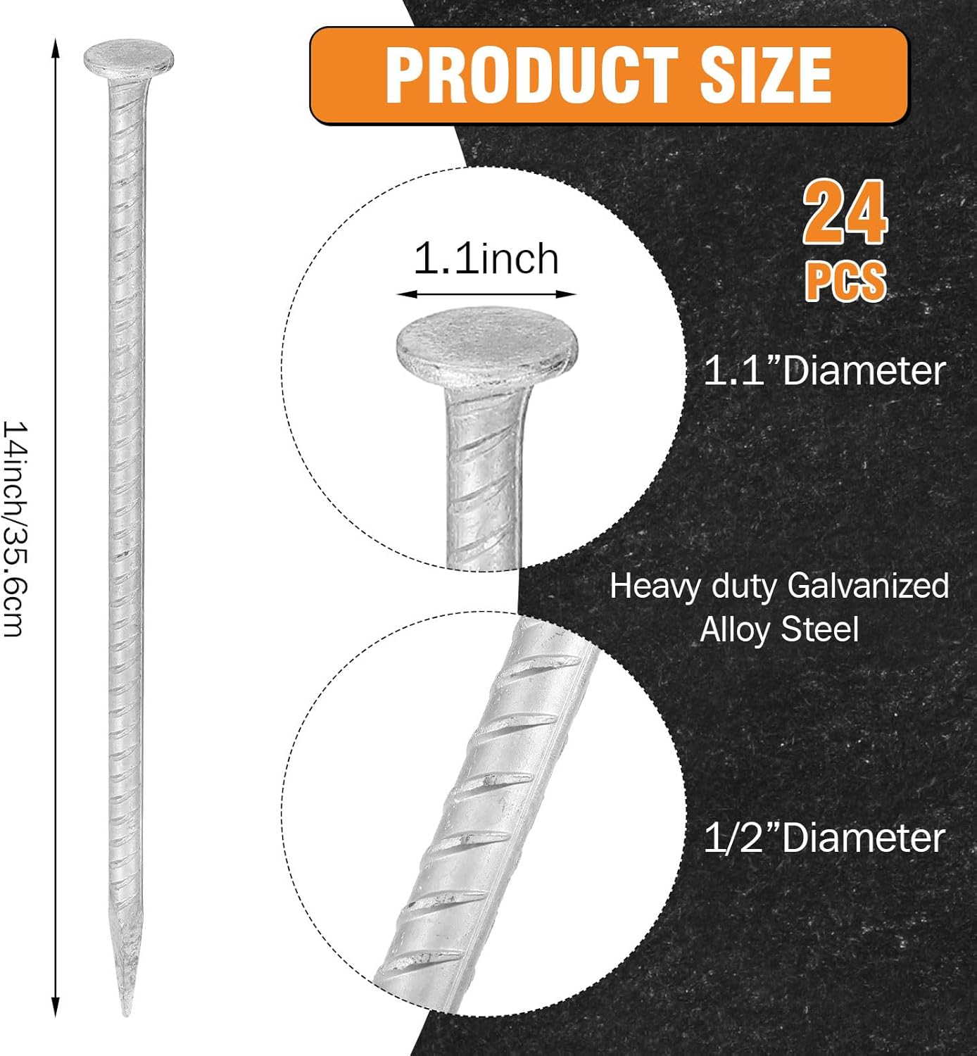 Tandefio 24 Pcs 14 inch Rebar Stakes, 1/2 Inch Diameter Threaded Galvanized Steel Ground Anchors Plant Support Garden Stakes, Heavy Duty Metal Landscape Spikes for Speed Bump Tent