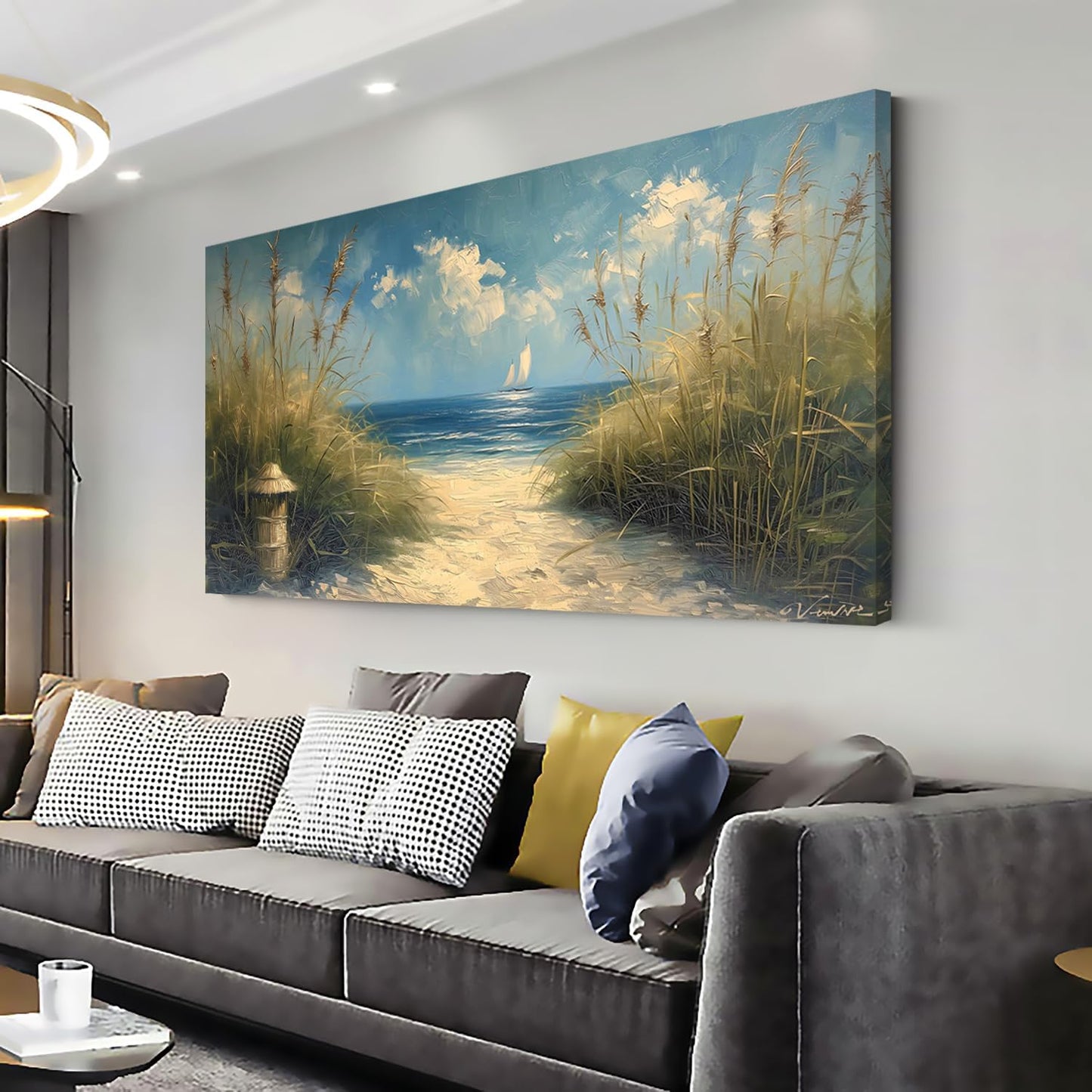 LASMOND Beautiful White Sandy Beach by Seaside Landscape Wall Art Decor Artwork for Bedroom Living Room (48x24 Inches)