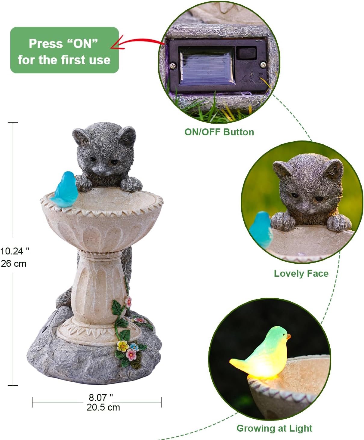 Solar Cat Statues for Bird Bath: Outdoor Sculptures for Garden Lawn Patio Yard Balcony Porch - Unique Gifts for Mother Grandma Women