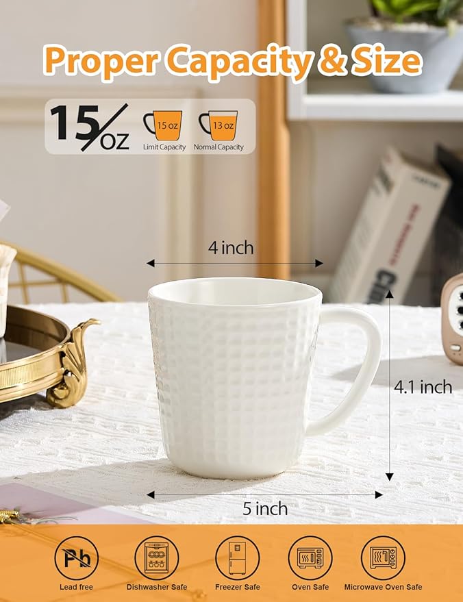 Ceramic Coffee Mugs 15 oz, Large Waffle Embossed Mug Set with Handle, Unique Coffee Cups for Latte, Cappuccino, Cocoa, Hot Tea, Mocha, Milk, Housewarming Wedding Present - Set of 4 (Turquoise)