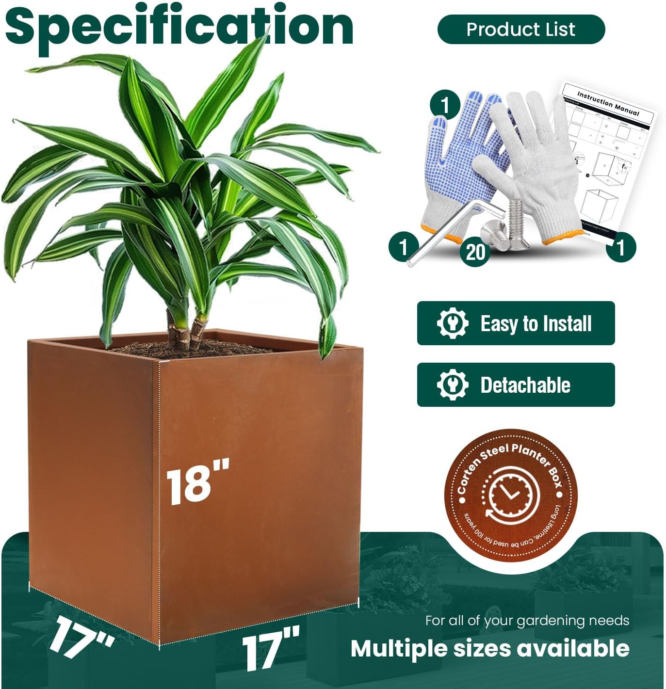 Corten Steel Planter Box Metal Outdoor Large Rectangular Rustic Durable Antique Detached for Commercial Residential Patio Deck and Backyard 17" x 17" x 18"