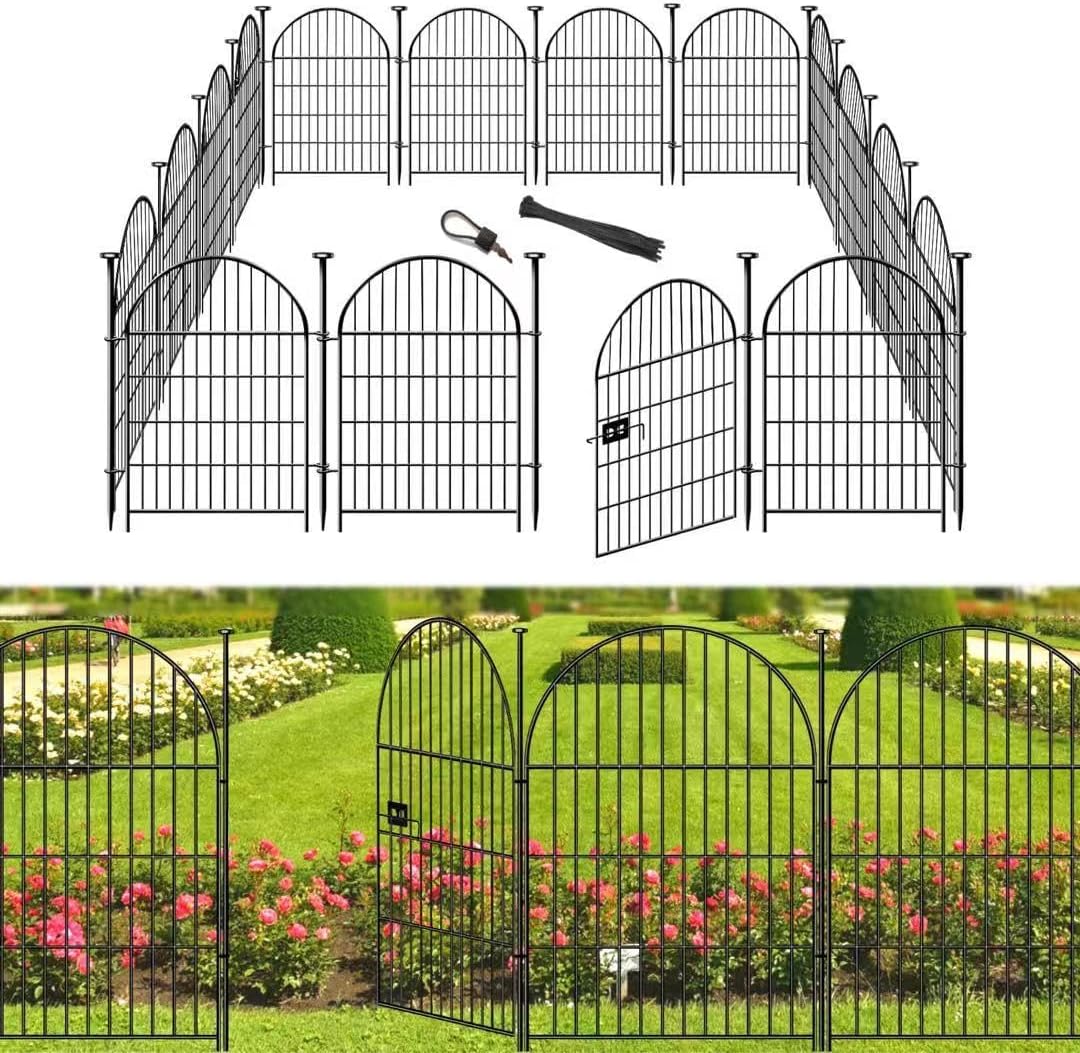Tall Garden Fence with Gate, 32 in(H) x35 Ft(L) Garden Fencing Animal Barrier, 16 Panels Dog Digging Fences Barrier, Black Rustproof Flower Fence Border, Flower Bed Fencing for Outdoor Yard