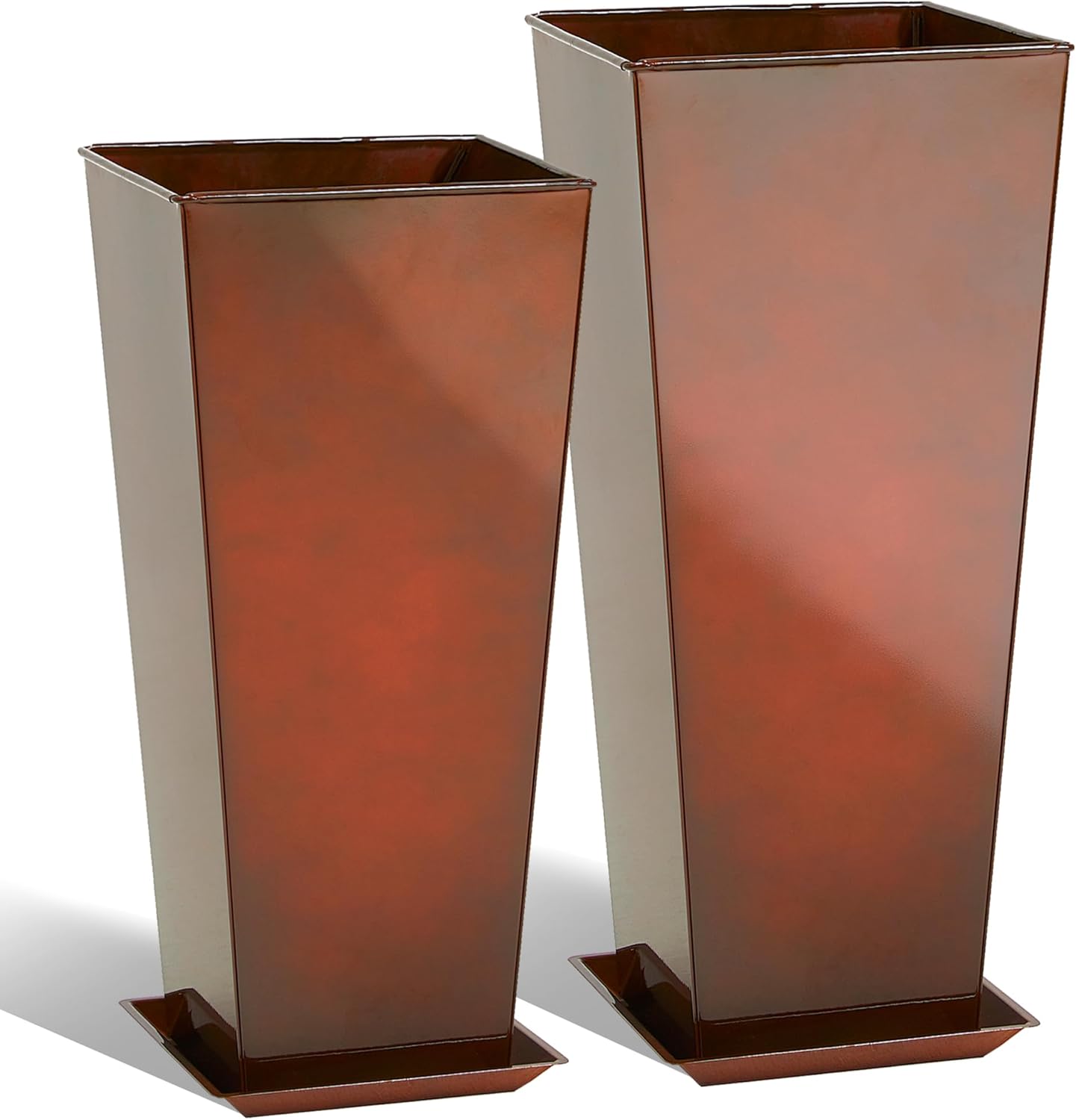 KOL 25'' & 28'' Tall Galvanized Steel Metal Glazed Planter with Insert, Set of 2, Metal Planter Pots for Indoor & Outdoor Use, Decorative Flower Plant Pots for Front Porch, Patio, Deck - Brown