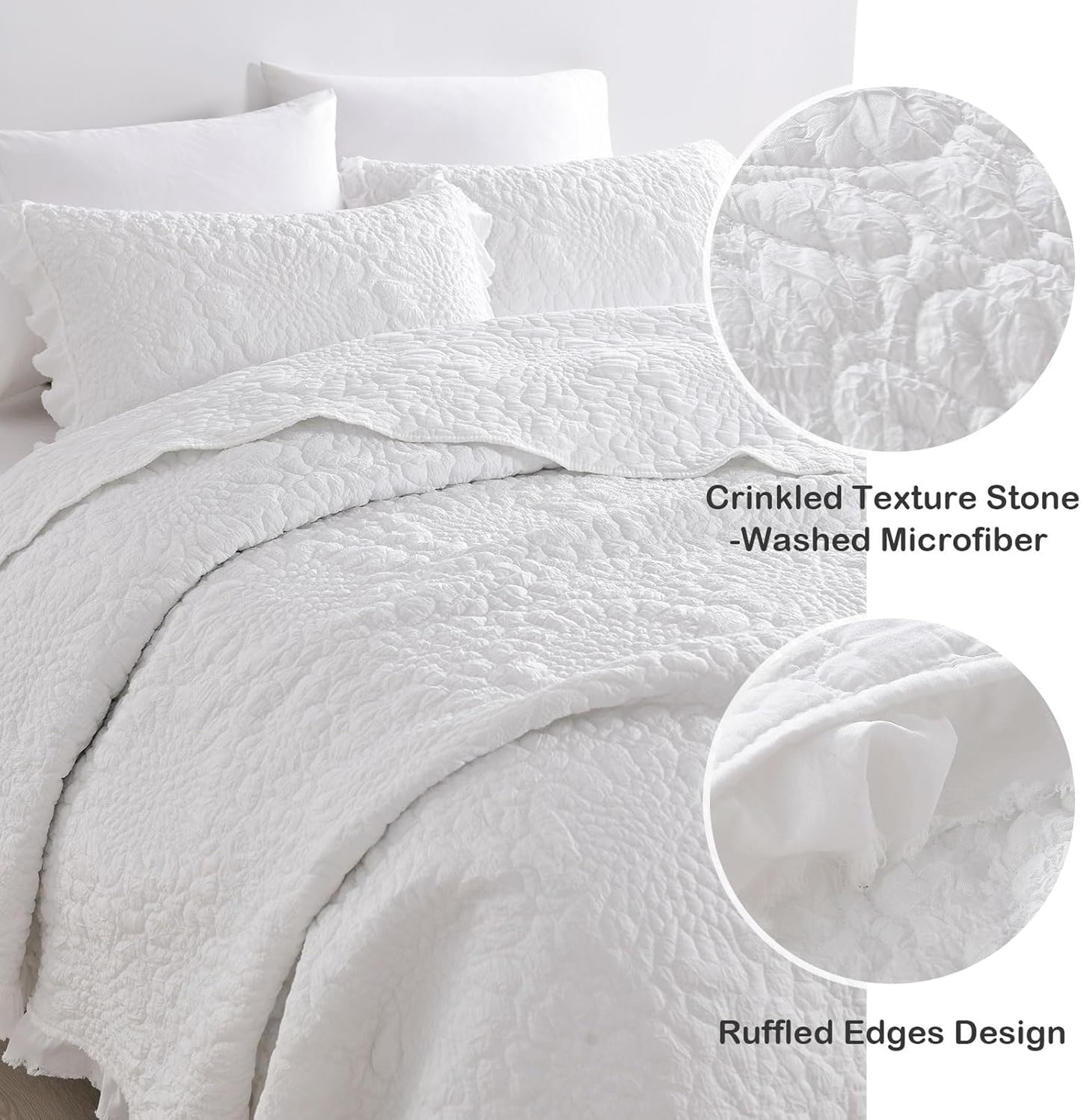 HORIMOTE HOME White Ruffled Quilt Twin Size, Stone-Washed Microfiber Lightweight Crinkled Farmhouse Rustic Shabby Chic Bedding Set, 2 Pieces Reversible Bedspread with Pillow Sham for All Season