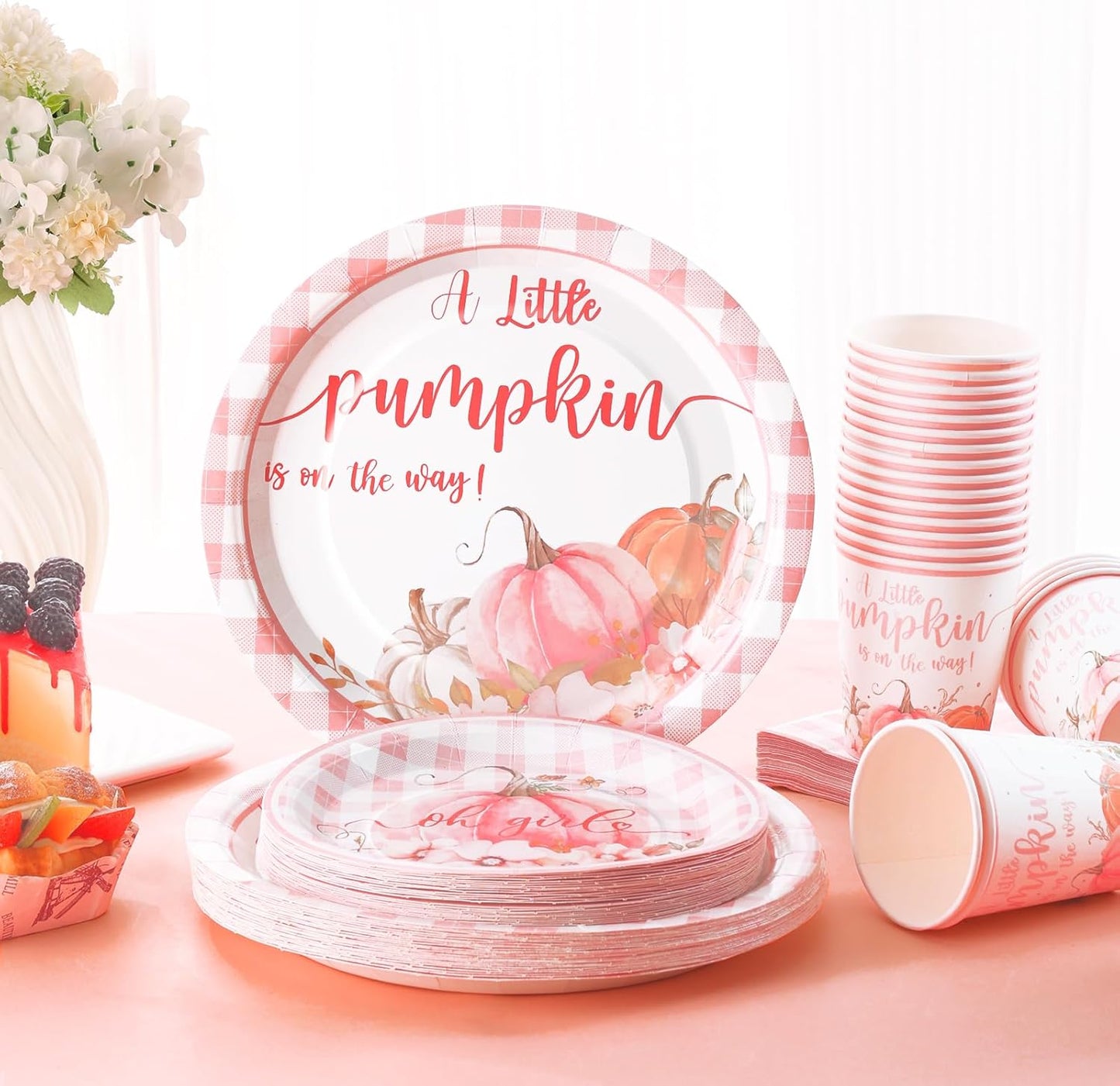168 Pcs Pink Little Pumpkin Baby Shower Decorations Girl, A Little Pumpkin is on the Way Baby Shower Plates and Napkins Serves 24, Pink Gingham Fall Tableware for Autumn Sweet Girl