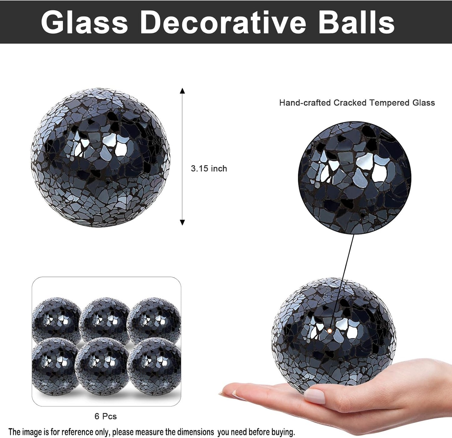 6Pcs Decorative Ball for Bowls, 8cm/3.15inch Mosaic Glass Centerpiece Decoration Balls Mirror Glass Ball Fillers for Home Decor Dining Tables Wedding Party (Black)