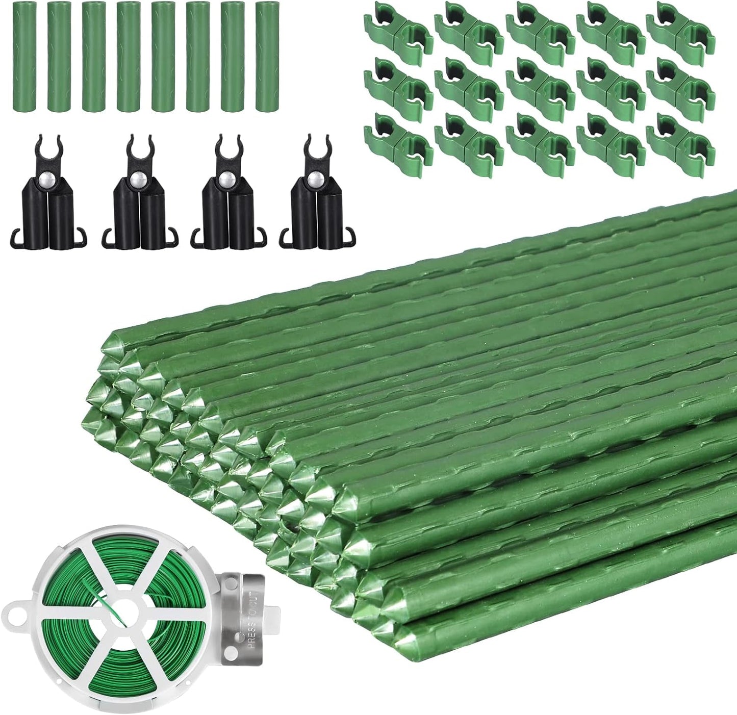 Garden Stakes 60 Pack, 16 Inch Each, DIY 3ft 4ft 5ft 6ft 7ft Sturdy Steel Plant Stakes with 50 Connectors, 30 Rotatable Clips, 10 A-Type Connecting Pipe and 164 Feet Twist Tie for Climbing Plants