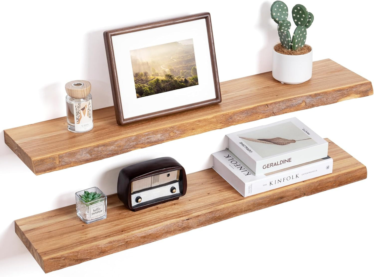 Floating Shelves for Wall Decor, Rustic Solid Elm Wood Floating Shelves Wall Mounted, Wall Shelves with Invisible Bracket for Living Room Bathroom Bedroom Kitchen, 36 Inch Set of 2, Natural