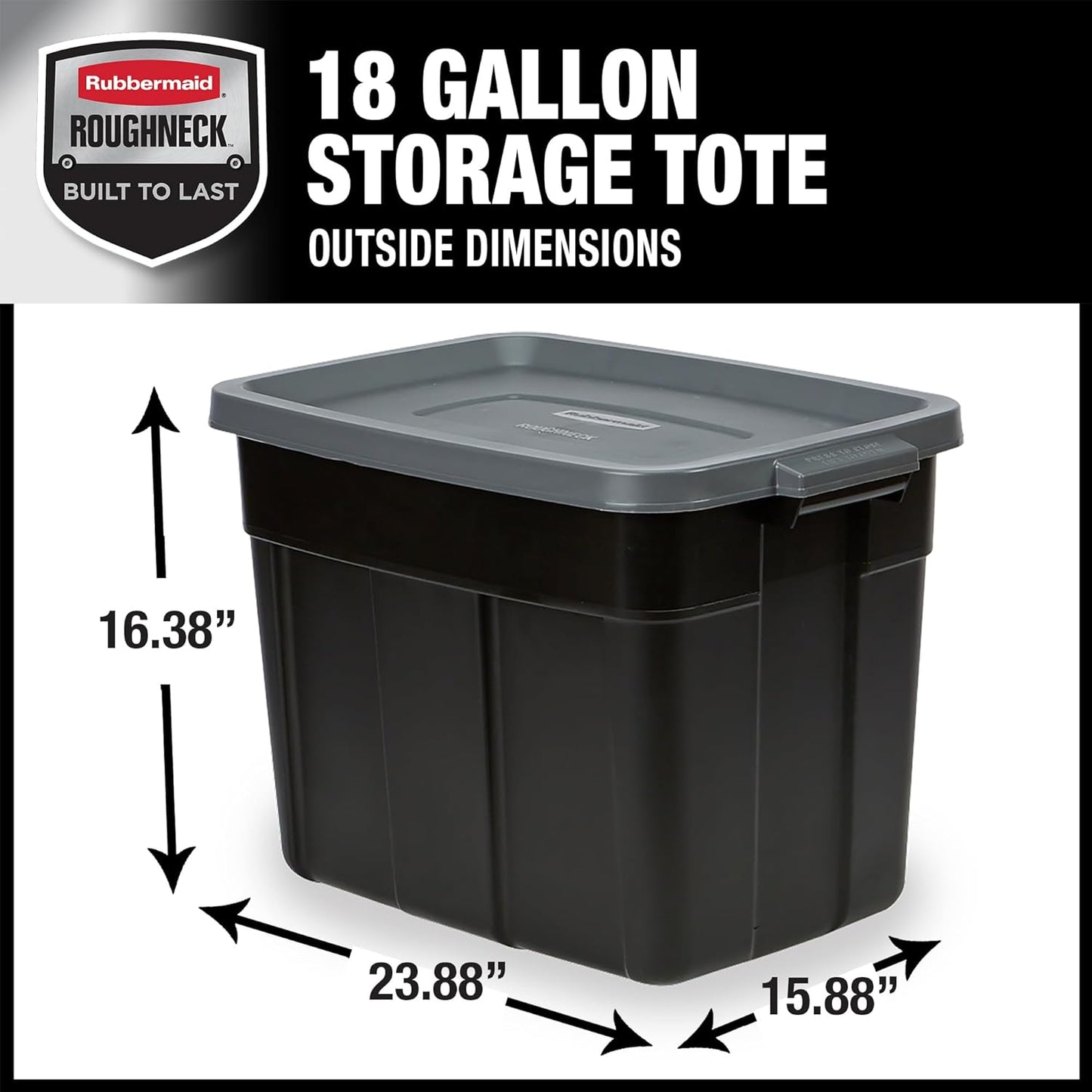 Rubbermaid Roughneck Tote 18 Gal, 6 Pack, Made in USA, Black & Gray, Rugged Plastic Stackable Storage Bins with Lids and Handles