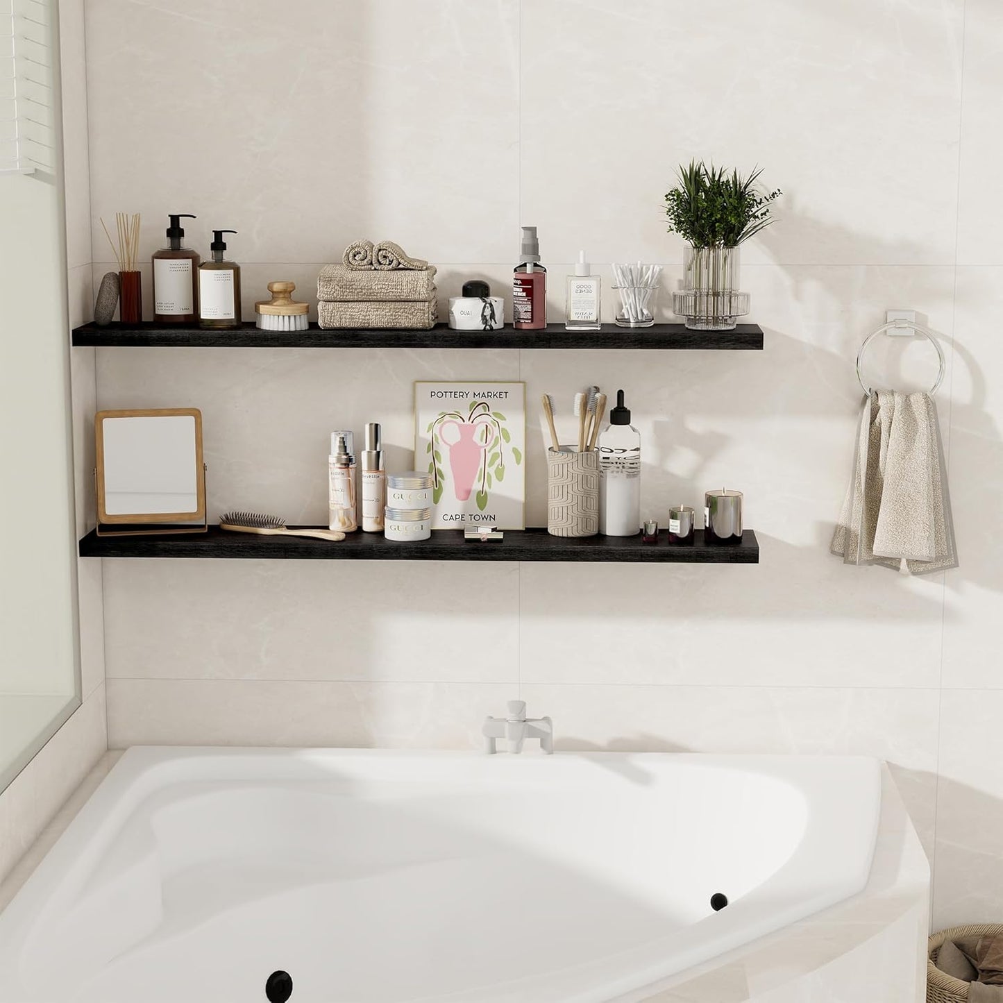 Floating Shelves for Wall, 48 Inch Floating Shelves for Home Decor, Wall Mounted Rustic Wood Shelves, Bathroom, Hanging Deep Shelf for Bedroom, Living Room, Kitchen (Black, Set of 2)