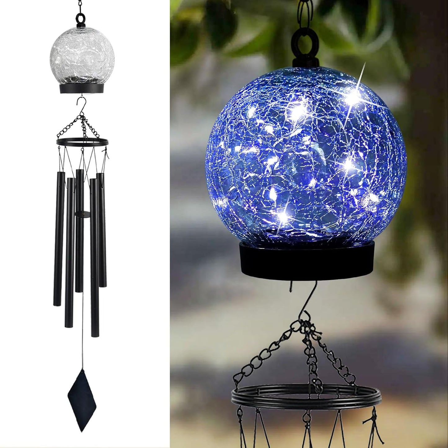 Garden Wind Chimes Outdoor, Solar Hanging Glass Ball Wind Chimes with 15 Blue LEDs 42 Inch Large with Unique Memorial Sympathy Wind Chime Outside Garden Decor as a Gift for Patio, Porch, Balcony