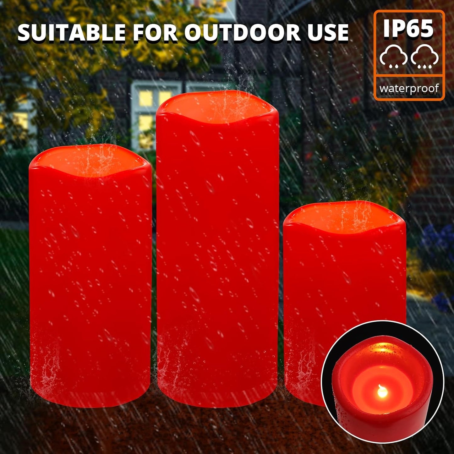 NURADA Large Waterproof Flameless Candles 6" 8" 10" x 4" - Outdoor Indoor LED Pillar Flickering Candle Battery Operated with Timer Remote for Patio Porch Christmas Decor - Red Set of 3