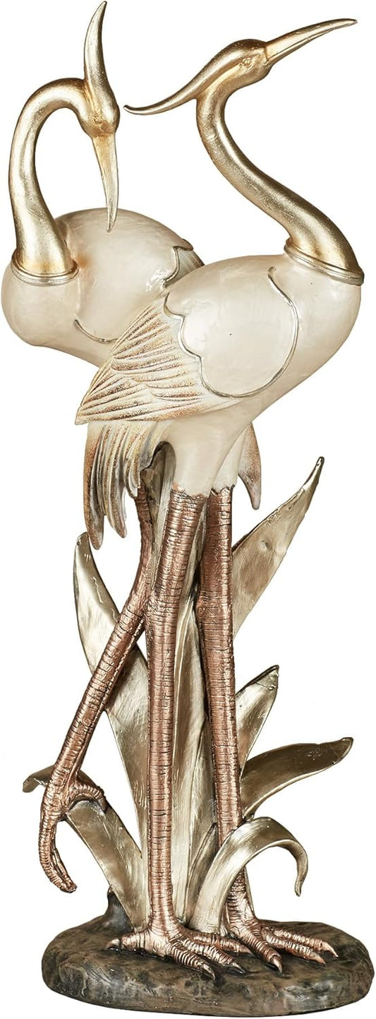 Touch of Class Pretty Pose Double Crane Metallic Table Sculpture - Ivory, Gold, Copper - Bird Figurine for Bedroom, Living Room, Dining Room, Home Office - Capiz Shell Look