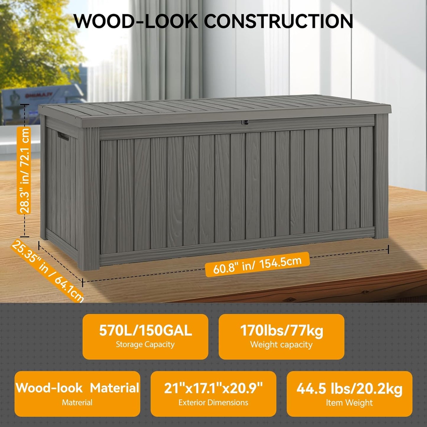 NUNU LAB 150 Gallon Outdoor Storage Box,Resin Large Sturdy Deck Box, Backyard Outside Storage Box Waterproof with Double Wall Panels,Package Delivery,Garden Outdoor Hose Bin