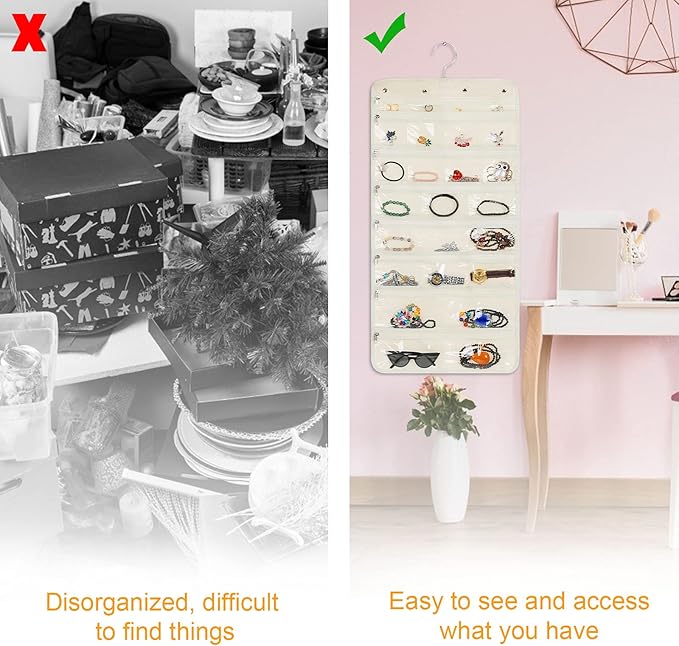 Freegrace Hanging Jewelry Organizer Revolving Hanger - Secure Zipper Closure - 25 Pockets,23 Hooks - Foldable Storage & Display Solution - For All Jewelry & Bijoux (Beige)