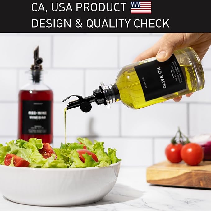 Olive Oil Dispenser Set With Silicone Tray & 40 Labels - 2 Black Bottles (500ml / 17oz) for Kitchen, Soy Sauce, Coffee Syrup