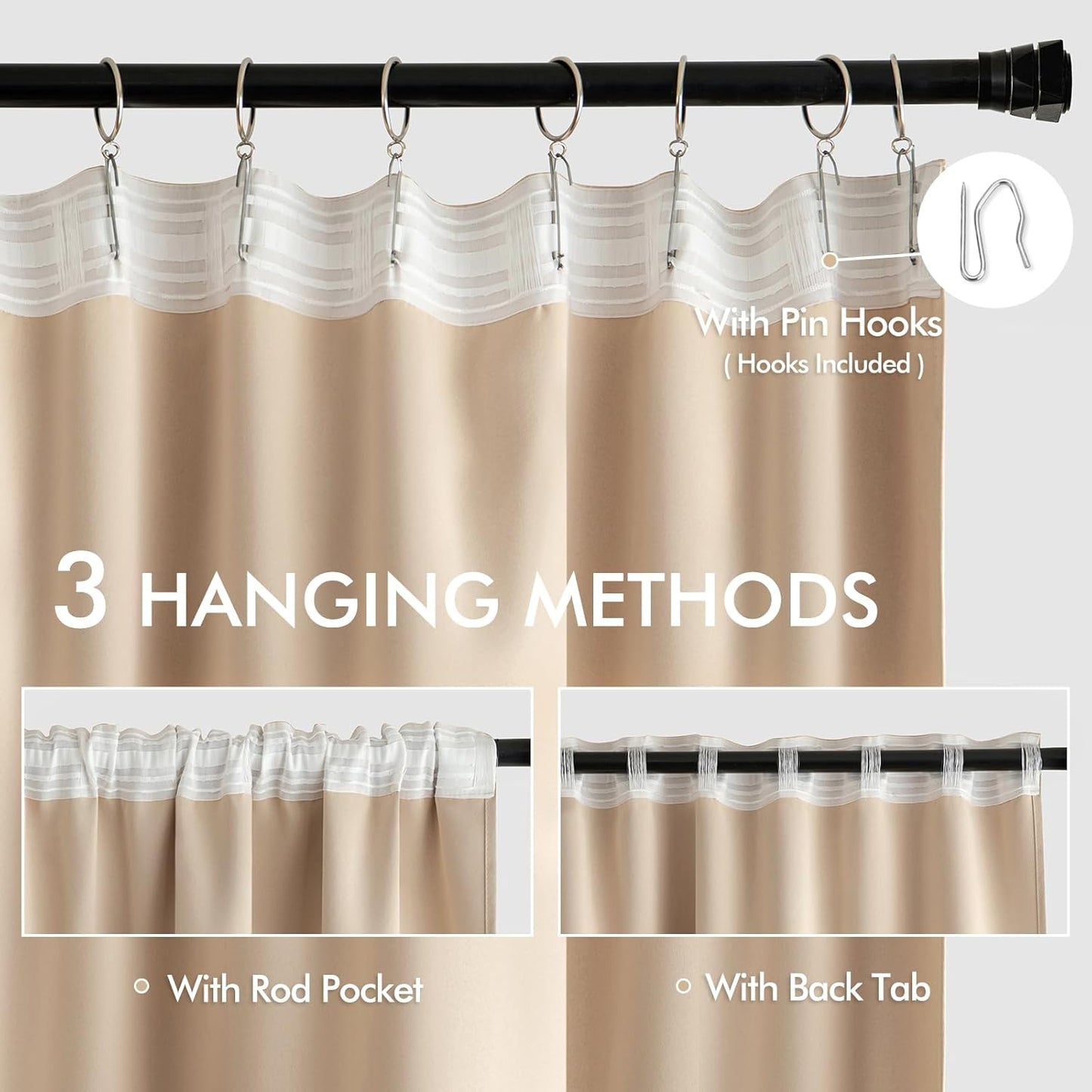 MIULEE Back Tab Beige Curtains 90 Inch Long 2 Panels Set for Living Room Bedroom Privacy, Cream Rod Pocket/Pinch Pleated Light Blocking Thermal Insulated Room Darkening Blackout Curtains, 52 x 90 Inch