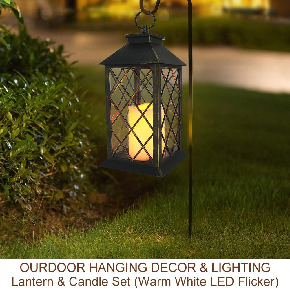 Bright Zeal 13.5" Outdoor Candle Lantern Decorative with LED Pillar Candle Battery Powered (Distressed Gold, 6hr Timer) - IP44 Waterproof Decorative Tabletop Lanterns Hanging Lanterns Indoor Outdoor