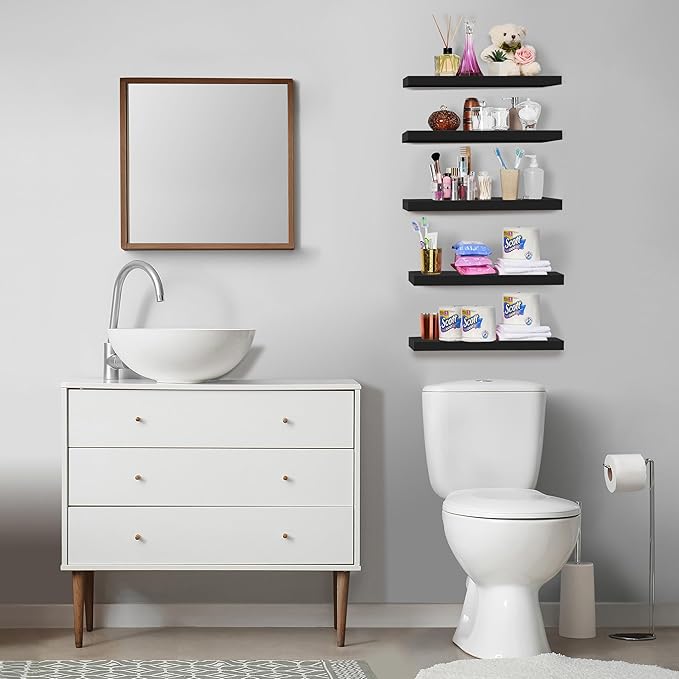 Sorbus Floating Shelves for Wall, Bathroom Shelves Wall Mounted for Kitchen, Bedroom, Living Room, Bathroom Storage, Over Toilet, Hanging Book Shelf for Ｗall Home Decor (Black, 5 Pack)