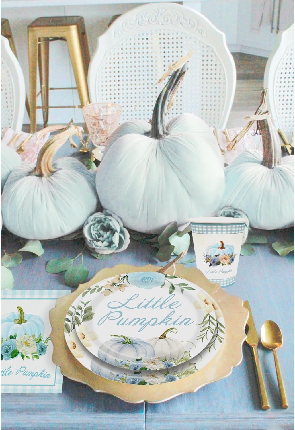 Aukolass Pumpkin Party Supplies Tableware Set - Fall Theme Party Decorations Including Plates, Napkins and Cups for Pumpkin Birthday and Baby Shower Party, Serves 24 Guests (blue)