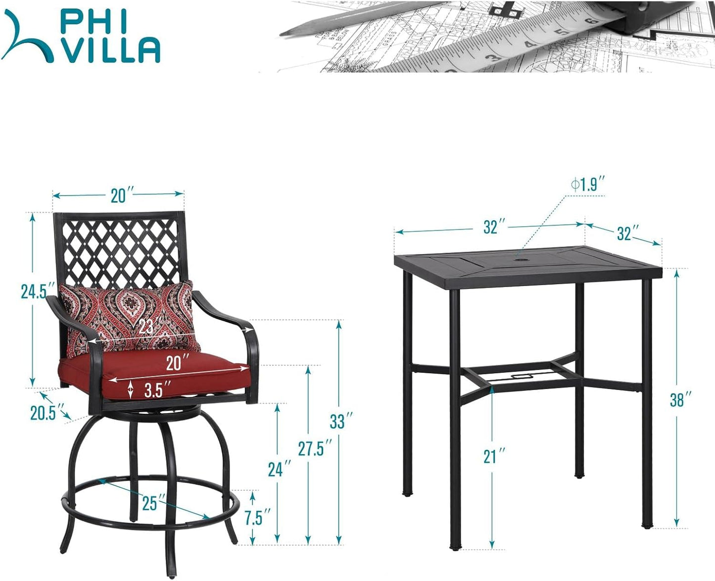 PHI VILLA 5 Piece Patio Bar Hight Dining Set for 4, Outdoor Bar Set with 4 Swivel Cushioned Bar Stools and 1 Square Metal Bar Table(1.9" Umbrella Hole) for Lawn Garden