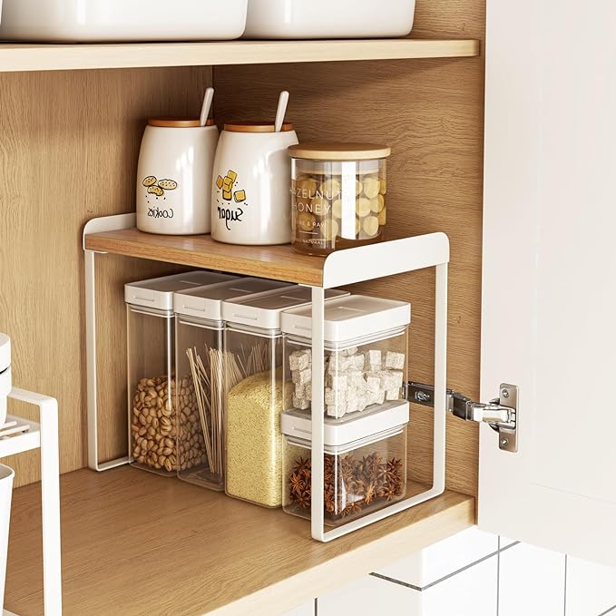 Mitus Shelf Organizer and Storage, Tiered Wood Cabinet Rack for The Kitchen Counter, Bathroom Counter, Pantry Cupboard, Office Desk Bookshelf, 12" Wide Natural and White