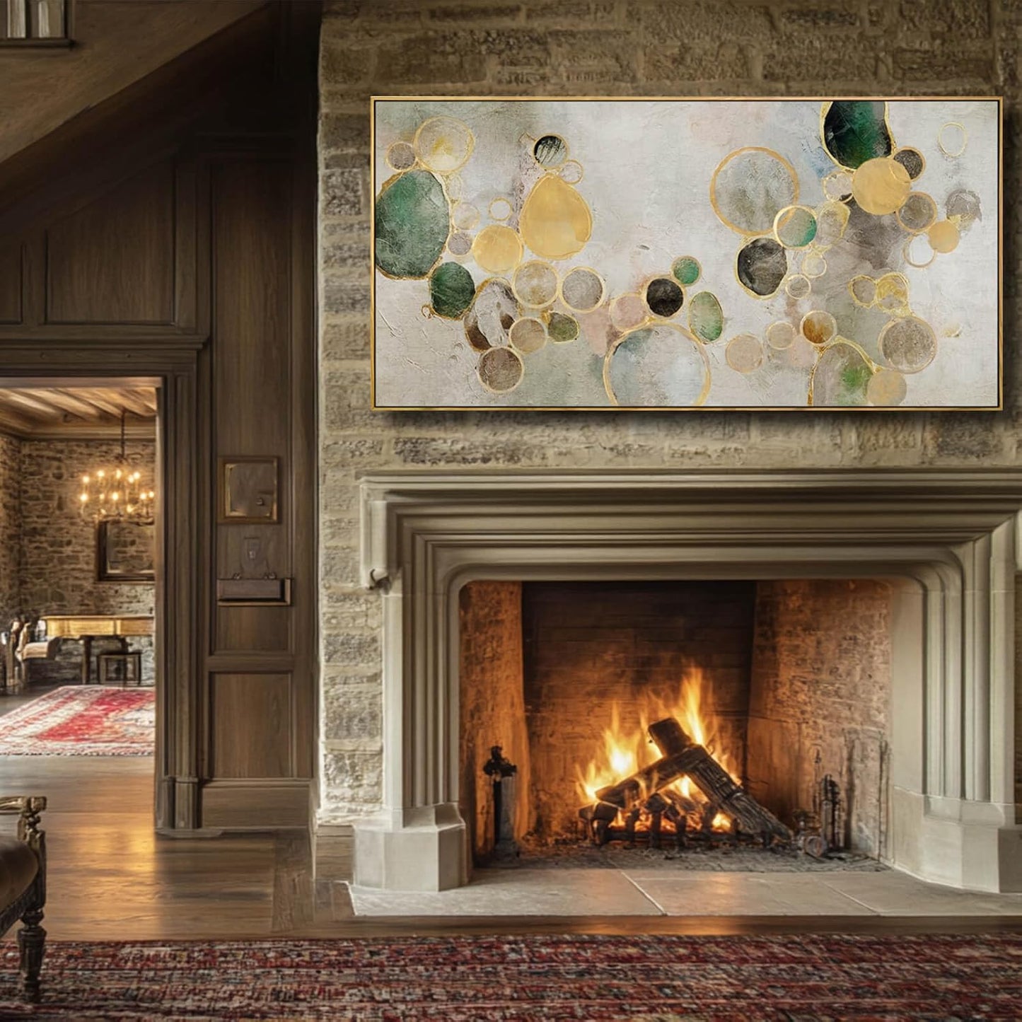 Abstract Canvas Wall Art Gold Circle Painting Green Artwork Framed Wall Prints 29"x 58" Office Wall Decor Colorful Pictures for Living Room Bedroom