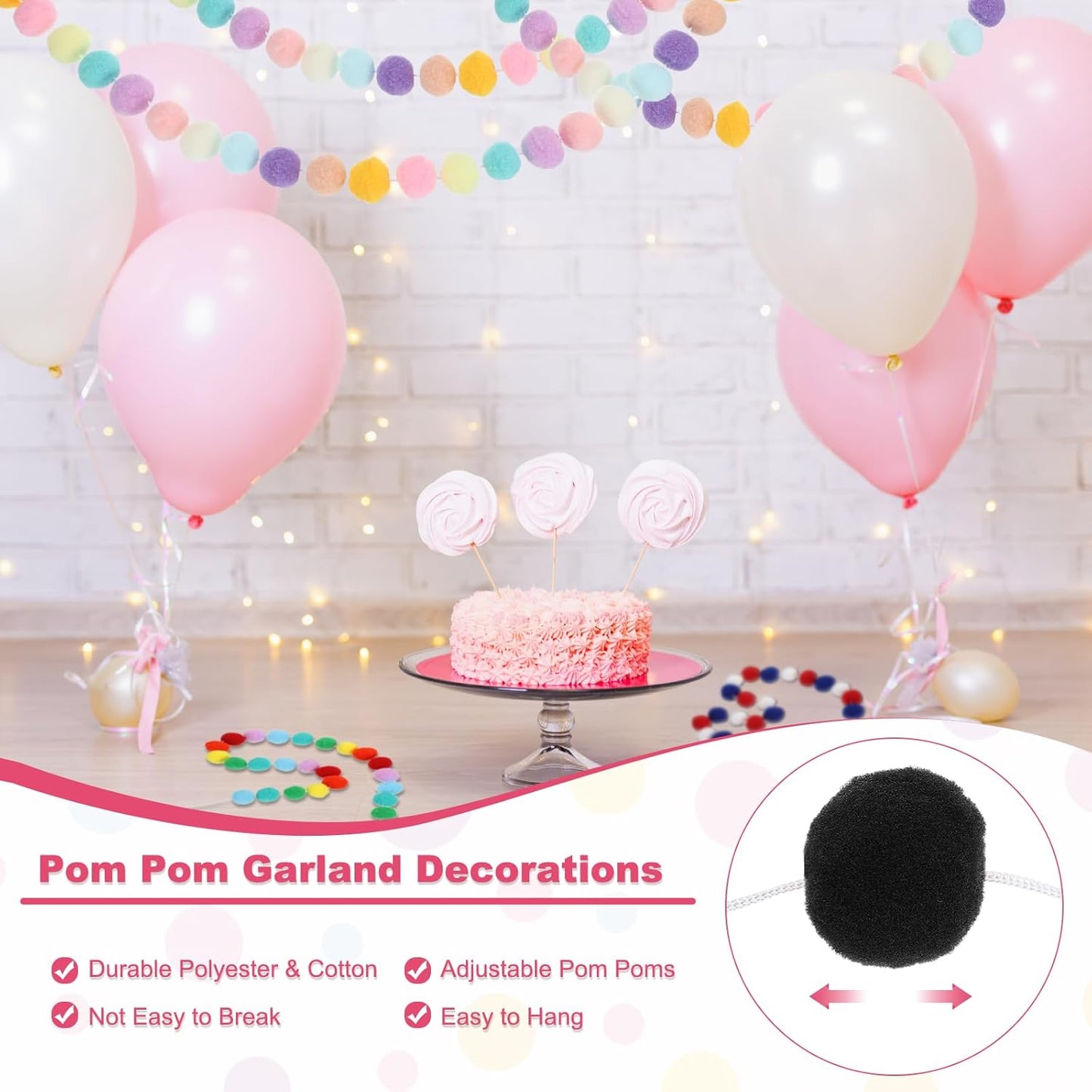 PATIKIL 13Ft Pom Pom Garland Decorations, 2Pcs Colorful Felt Ball Garland Banner Cute Rainbow Pompom Hanging Decorations for Tree Ornaments Homes Decor, Black/Orange/White