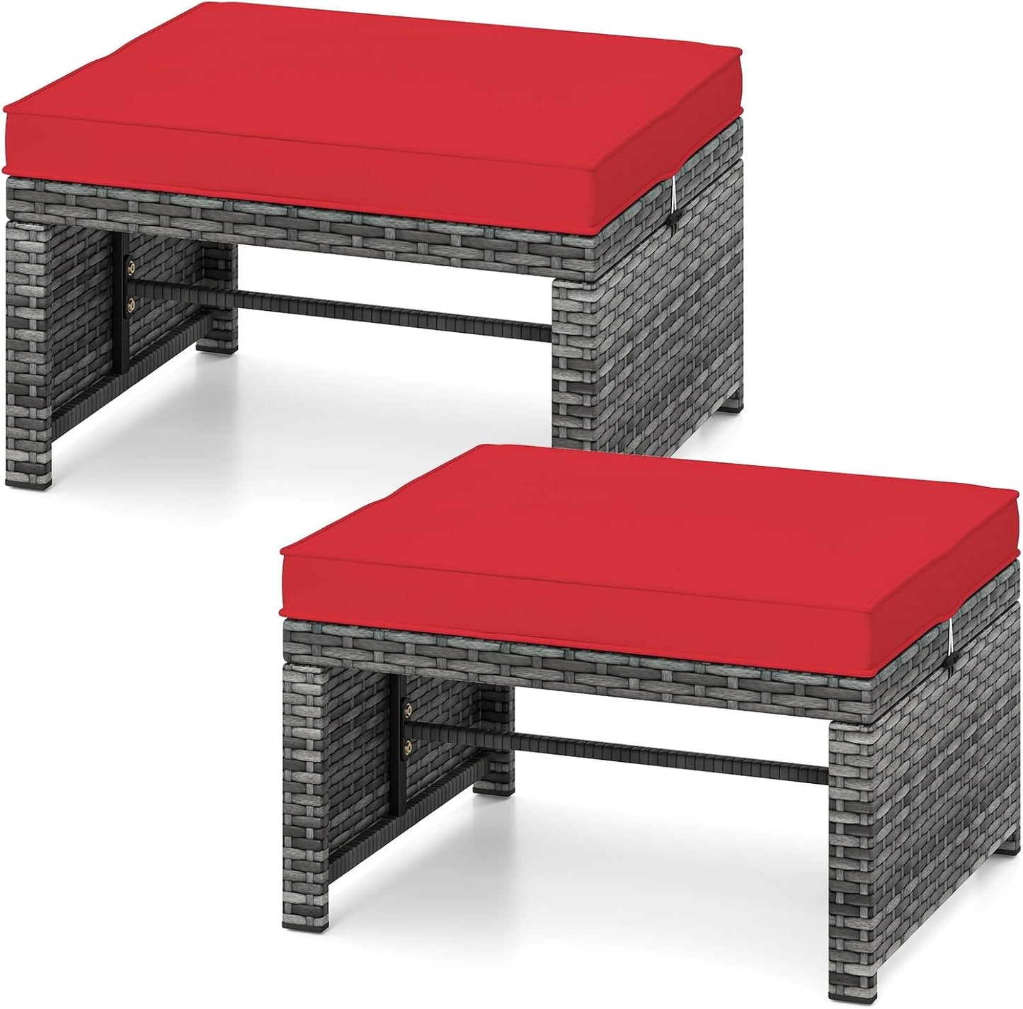 Tangkula 2 Pieces Patio PE Rattan Ottomans, Multipurpose Outdoor Footstool Footrest Additional Seating Side Table with Soft Zippered Cushions for Deck, Garden, and Yard (Red)