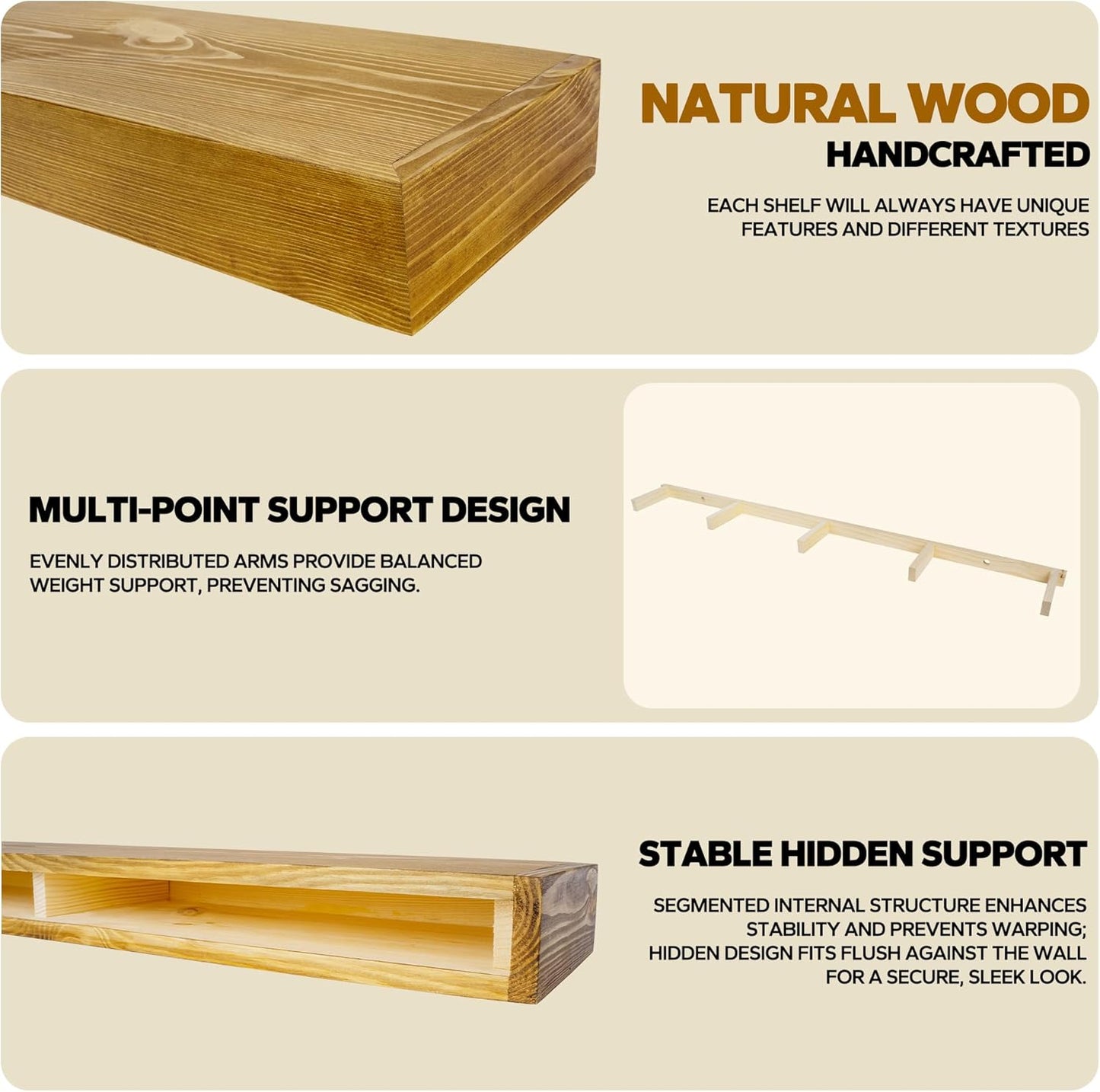 Floating Shelves 3 inch Thick for Wall Set of 2,Solid Pine Wood Wall Mount Shelf for Kitchen Living Room Bedroom Bathroom,8" D x 60" L x 3" H-Gold Oak