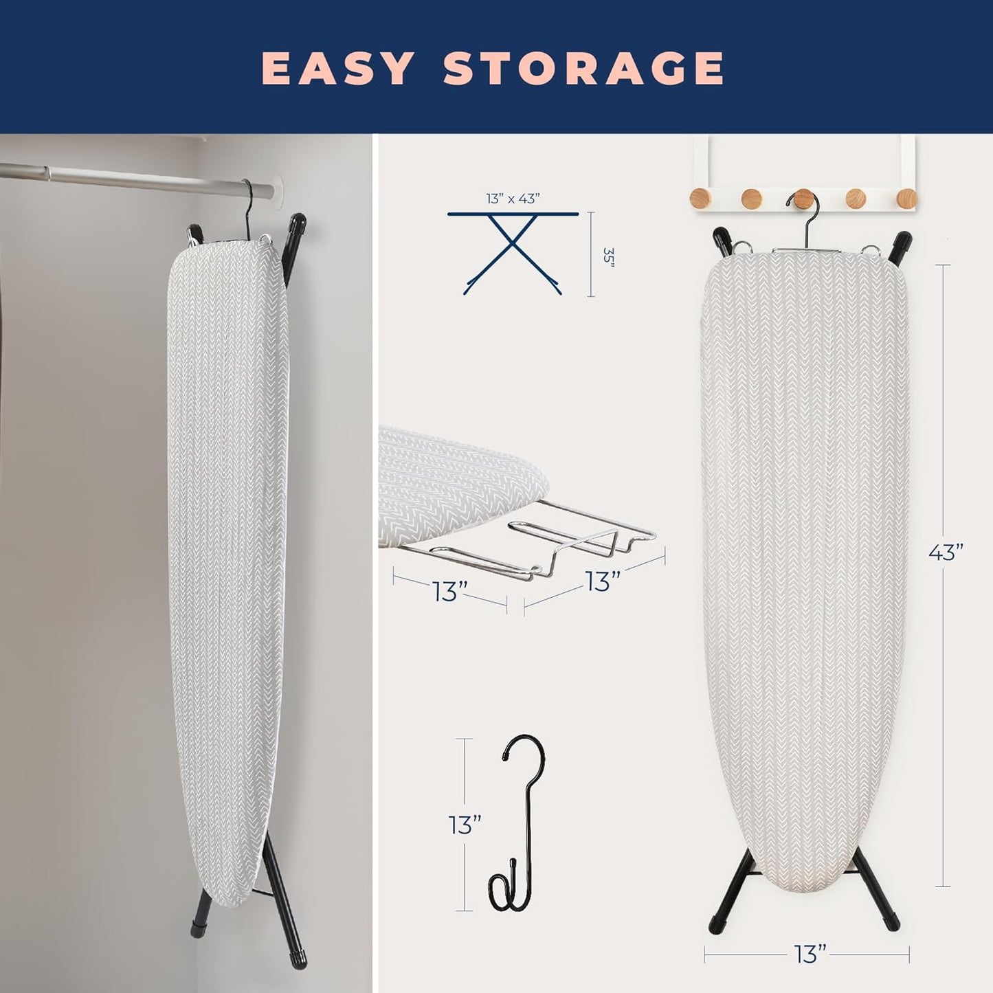 Ironing Board with Iron Rest, Iron Board with 3 Layers Extra Thick Cover, Compact and Space Saver Foldable Ironing Board, Adjustable Height, Easy Storage with Smart Hanger and Lightweight Design