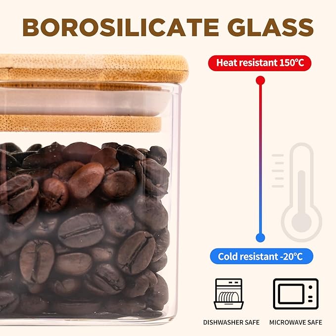 Glass Food Storage Jars Square 37oz, 4 Pack Glass Jars With Bamboo Lids, Kitchen Storage Containers For Spice, Candy, Cookie, Storage For Pantry Organizers