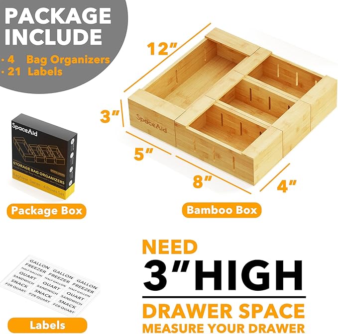 SpaceAid Bag Storage Organizer for Kitchen Drawer, Bamboo Organizer, Compatible with Gallon, Quart, Sandwich and Snack Variety Size Bag (4 Pack)