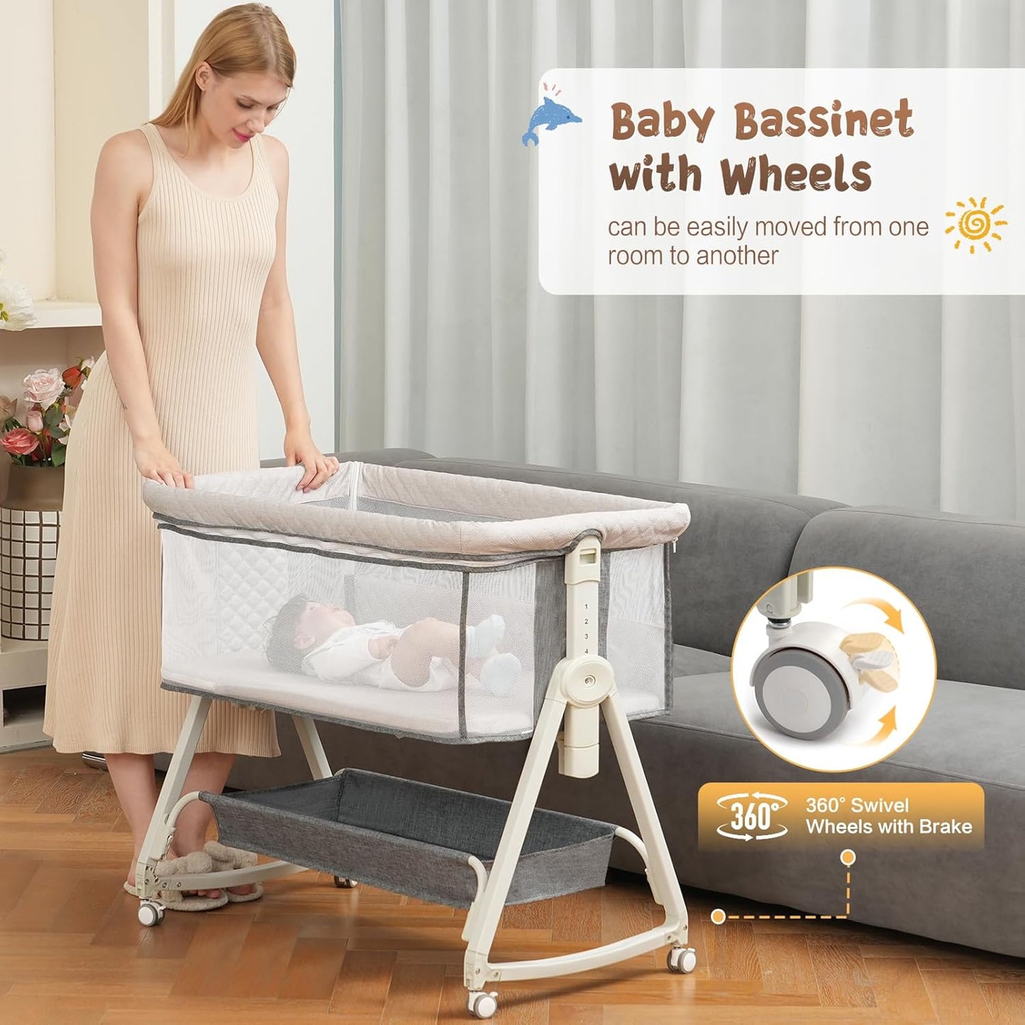 Baby Bassinet Bedside Sleeper for Baby,Bedside Bassinet with Wheels and Storage Basket,All Mesh 6 Height Adjustable Easy to Assemble Bedside Crib (Upgrade Grey)
