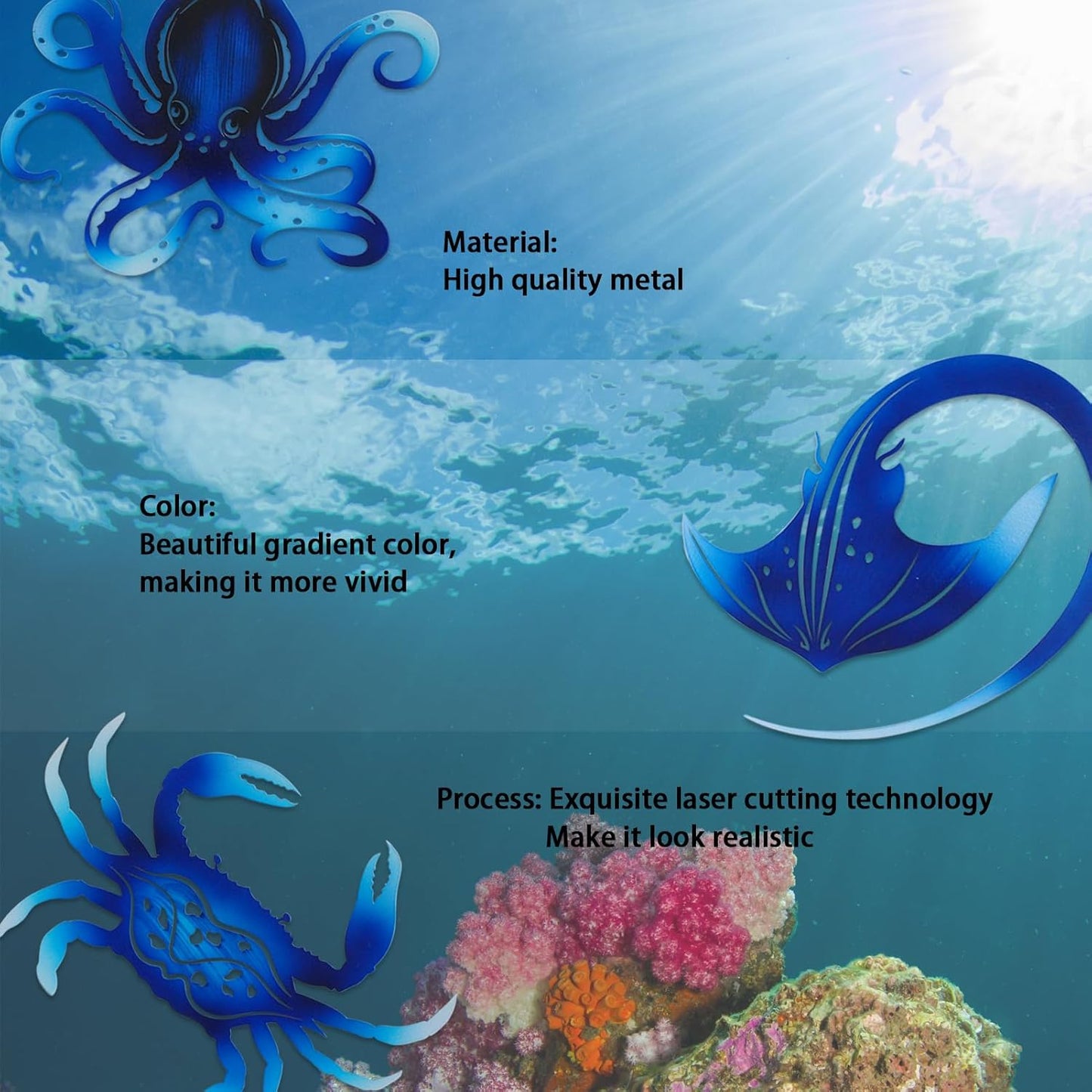 Metal Octopus Crab Manta Ray Coastal Nautical Ocean Decor Outdoor Metal Wall Art Decor Garden Pool Patio Bathroom Yard Farmhouse Fence Deck