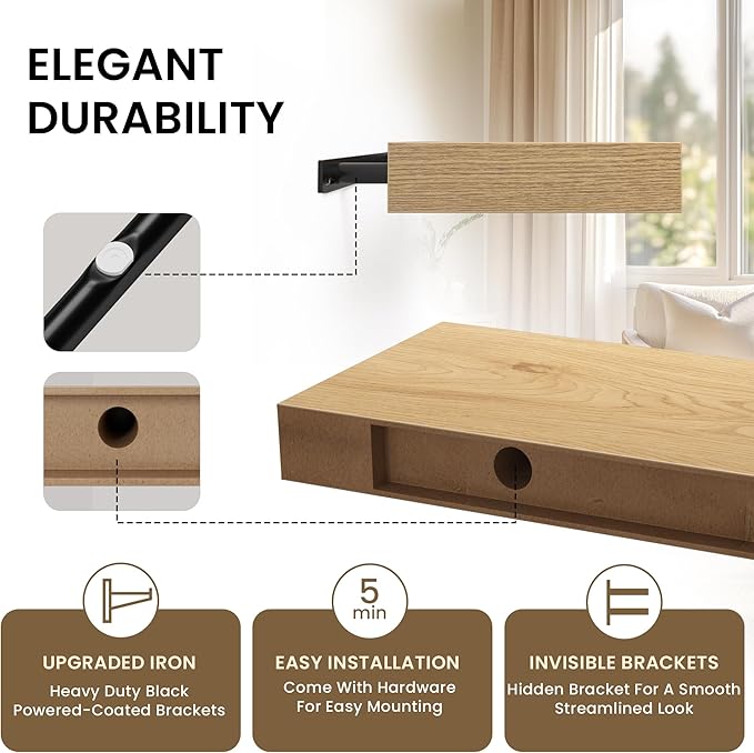 Floating Shelves for Wall, 24" W x 6.7" D x 1.5" H, Wooden Wall Mounted Display Shelves with Invisible Brackets for Living Room, Bedroom, Bathroom, Kitchen Decor and Storage, Set of 2, Oak