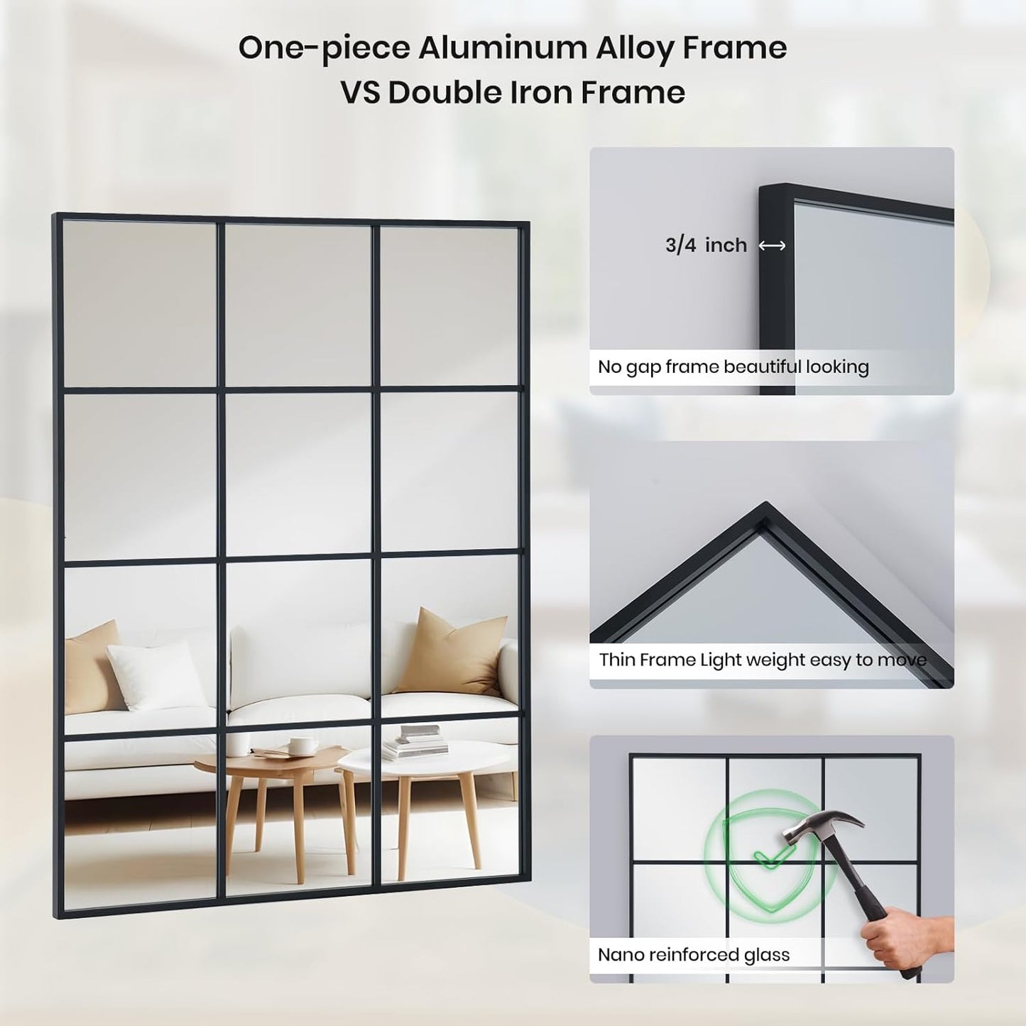 Windowpane Wall Mirror 30"x40" Black Wall Mounted Art Pane Mirror Farmhouse Decorative Mirror Leaning Hanging Wall Mirror for Bedroom Living Room Entryway Hallway Wall Decor