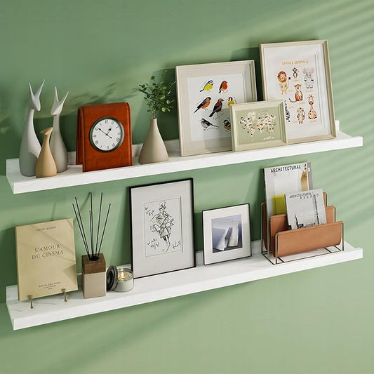 Floating Picture Ledge Shelves 48 Inch Solid Oak Wood Set of 2, Rustic Wall Storage Shelves with Lip, Kids Bookshelf, Photo & Picture Ledge Shelves for Bedroom, Living Room, Kitchen