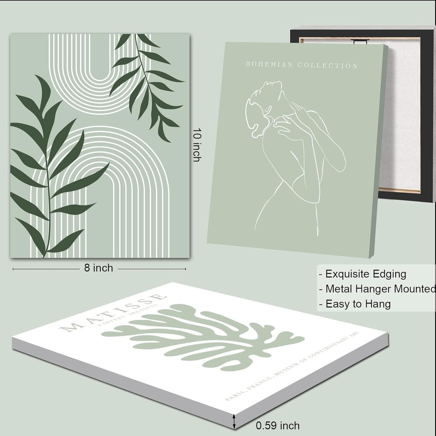 KIOSSUT FRAMED Sage Green Matisse Wall Art, Aesthetic Pictures for Wall, Women Body Line Art Leaf Boho Art Prints, 8x10 Inch, Framed)