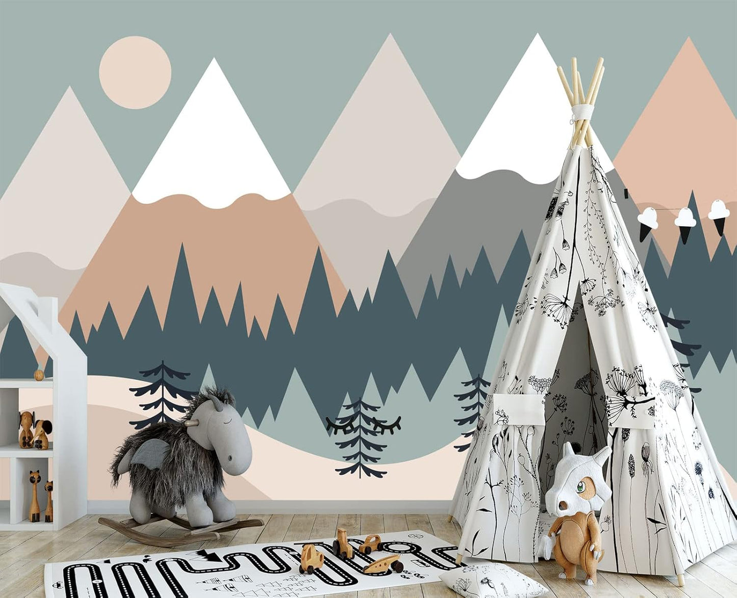 Children's Cartoon Mountain Peak Forest Sun Nursery Wall Mural Wallpaper 137" x 100"